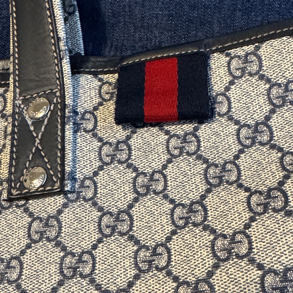 Gucci Beige GG Canvas Tote with Navy Handles and Red-Green Web Accent - Picture 2 of 8